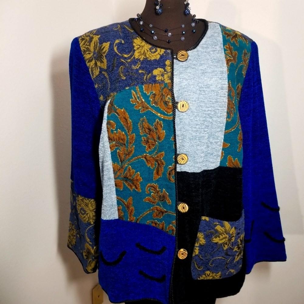 Indigo Moon Embroidered Tapestry Chenille Jacket Blazer size Large